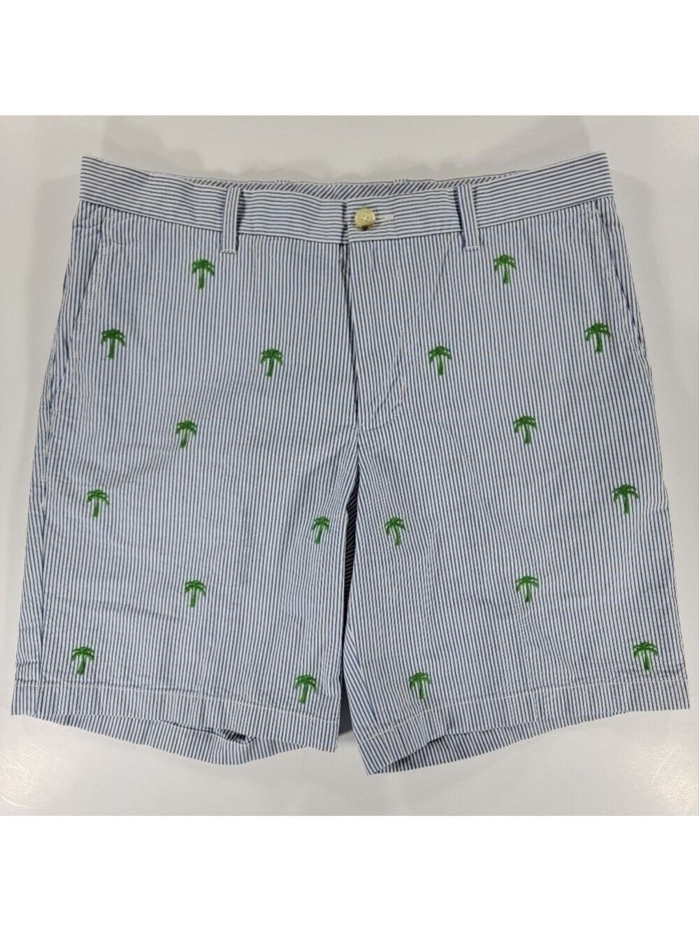 Southern Tide The Skipjack Seersucker Shorts Mens 35 Palm Tree Embroidery Blue